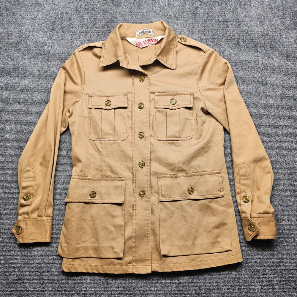 Vintage Carol Cohen for Braefair Joseph Magnin Tan Safari Utility Jacket Womens